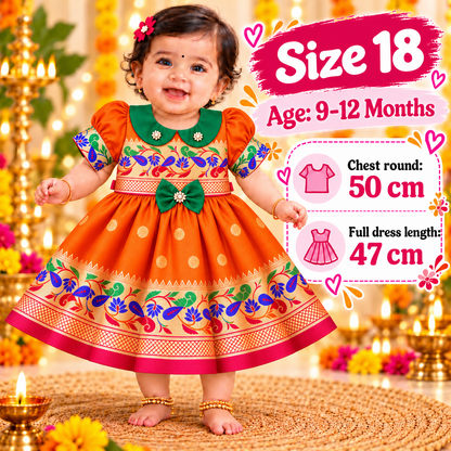 Girls Orange Peacock Border Paithani Frock with Green Bow | Baby Girls Festive & Party Wear