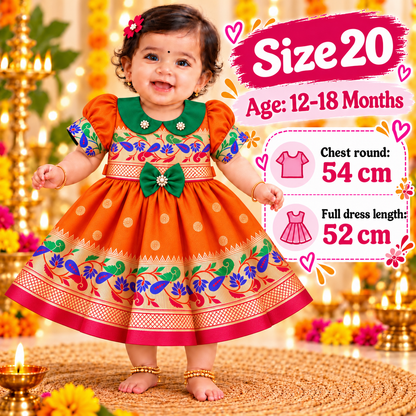 Girls Orange Peacock Border Paithani Frock with Green Bow | Baby Girls Festive & Party Wear