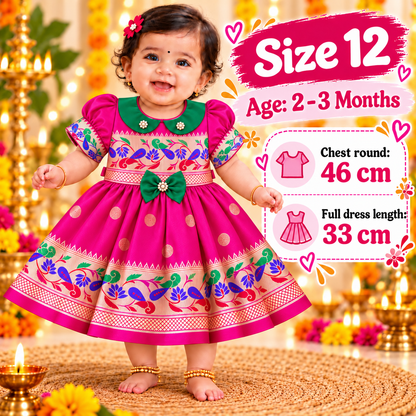 Girls Rani Pink Peacock Design Ethnic Frock with Decorative Bow | Baby Girls Wedding & Festive Dress