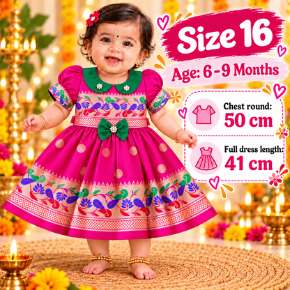 Girls Rani Pink Peacock Design Ethnic Frock with Decorative Bow | Baby Girls Wedding & Festive Dress
