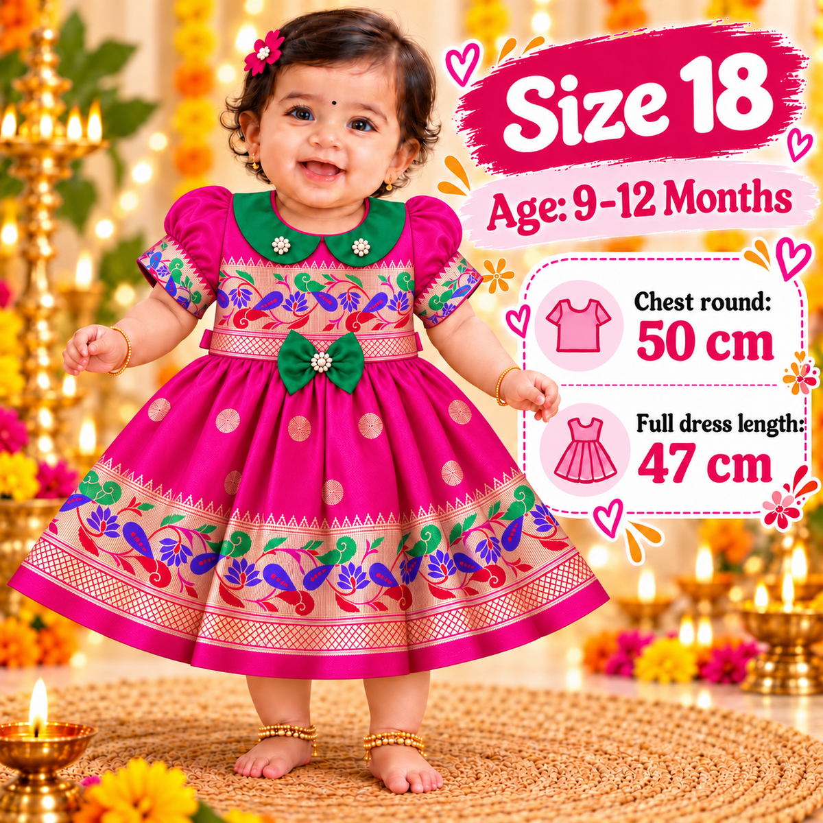 Girls Rani Pink Peacock Design Ethnic Frock with Decorative Bow | Baby Girls Wedding & Festive Dress