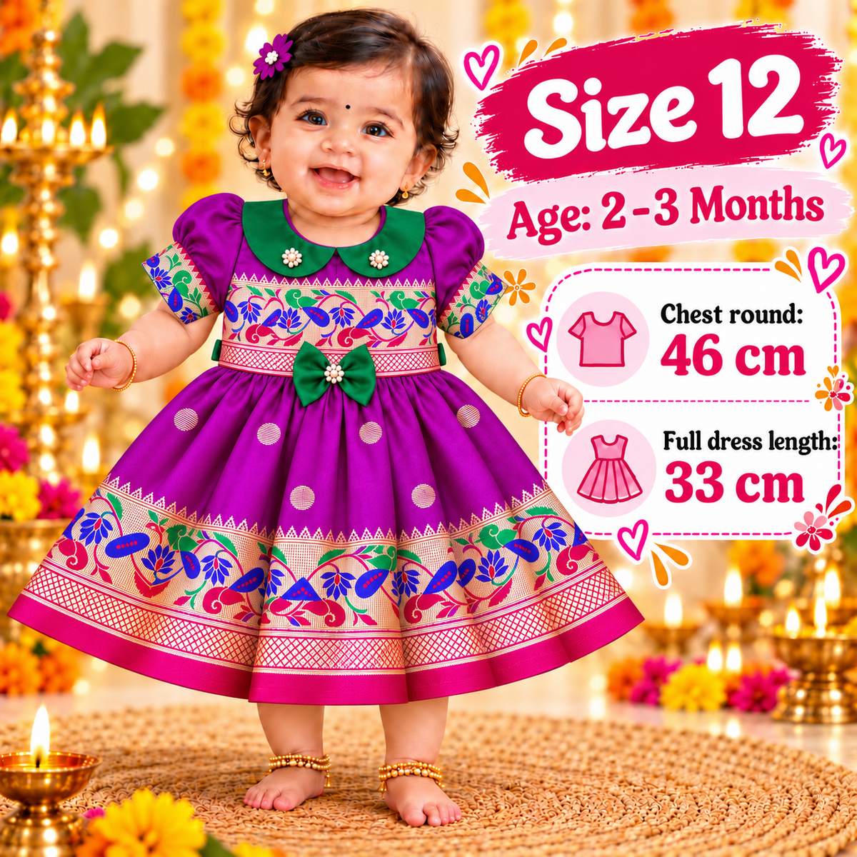 Girls Royal Purple Peacock Border Frock with Green Collar | Traditional Indian Party & Festive Wear