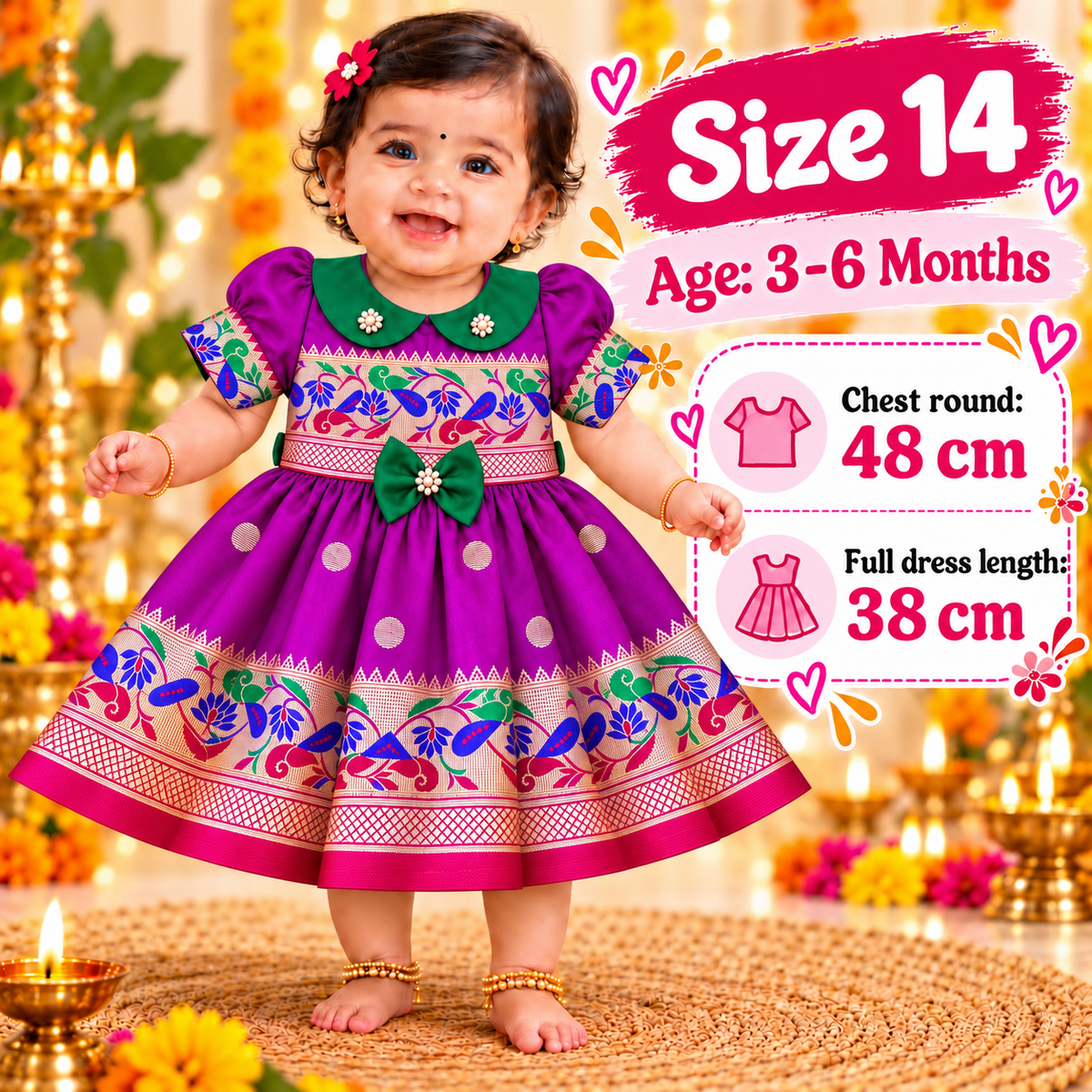 Girls Royal Purple Peacock Border Frock with Green Collar | Traditional Indian Party & Festive Wear