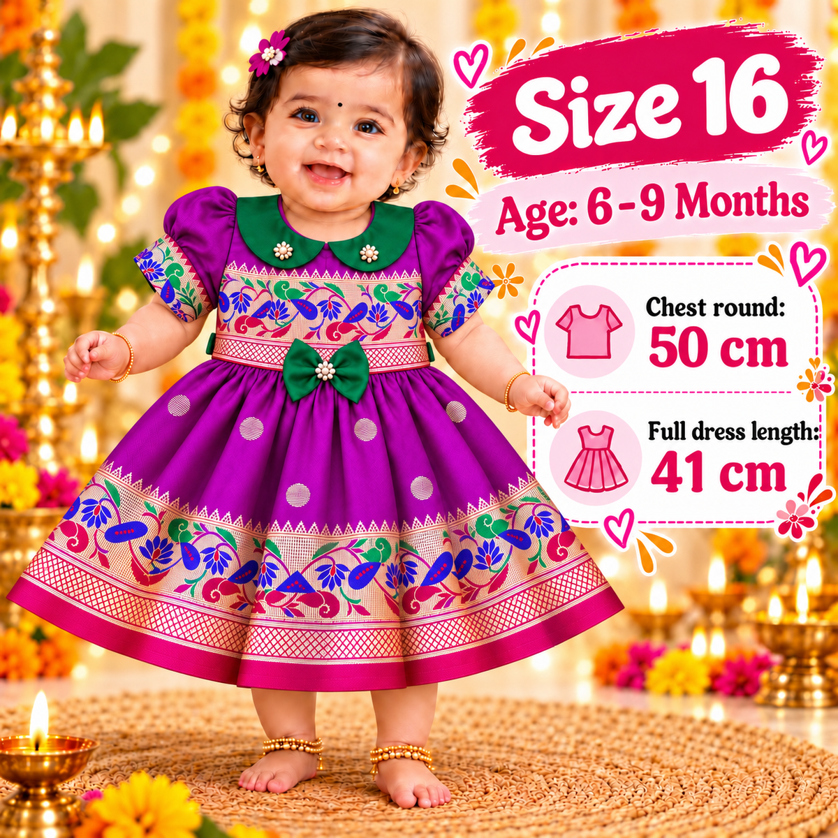 Girls Royal Purple Peacock Border Frock with Green Collar | Traditional Indian Party & Festive Wear