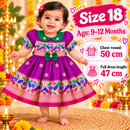 Girls Royal Purple Peacock Border Frock with Green Collar | Traditional Indian Party & Festive Wear