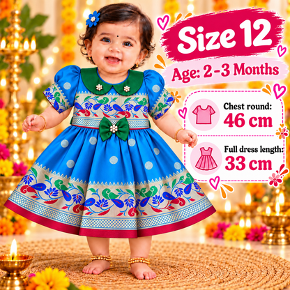 Girls Blue Designer Paithani Frock with Peacock Pattern | Baby Girls Traditional Festive Wear