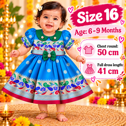 Girls Blue Designer Paithani Frock with Peacock Pattern | Baby Girls Traditional Festive Wear
