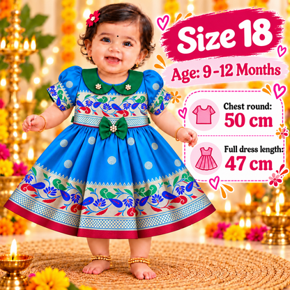 Girls Blue Designer Paithani Frock with Peacock Pattern | Baby Girls Traditional Festive Wear