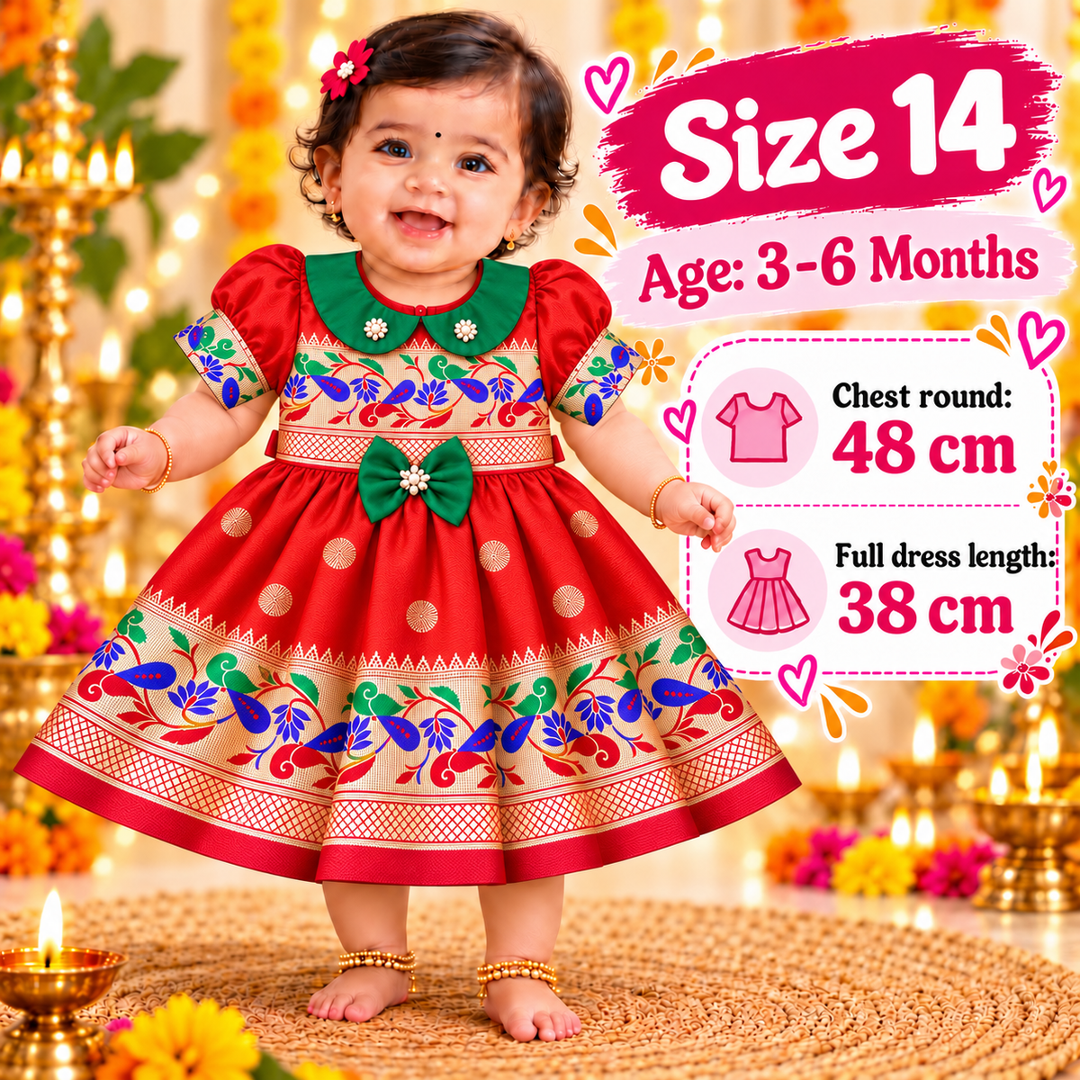 Girls Bright Red Festive Peacock Frock with Green Bow | Baby Girls Indian Ethnic Party Dress