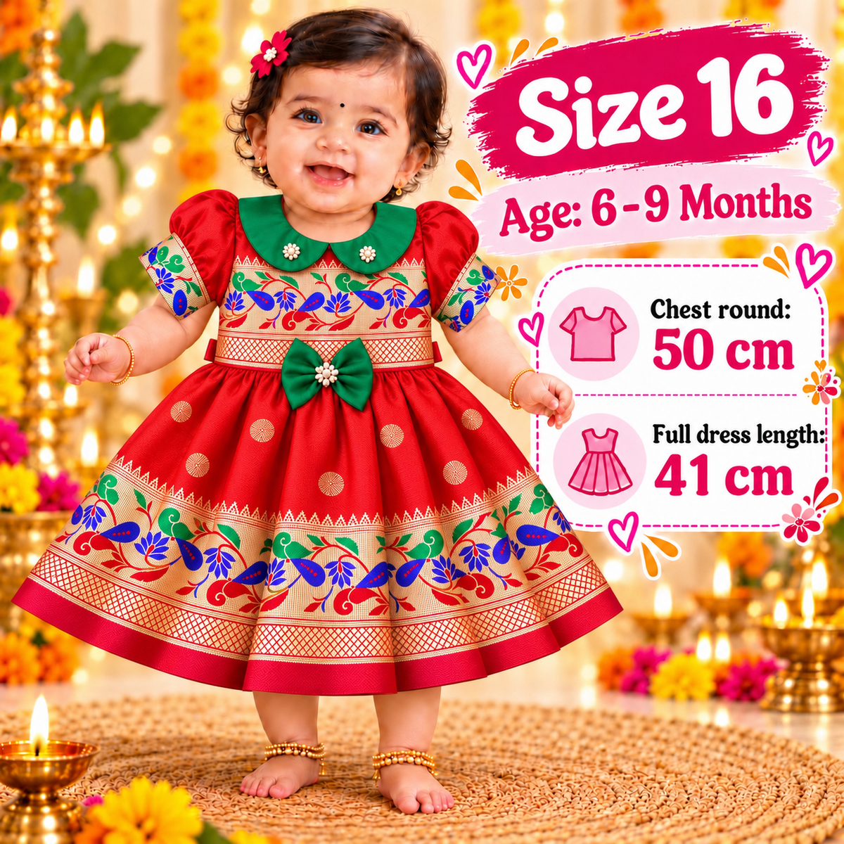 Girls Bright Red Festive Peacock Frock with Green Bow | Baby Girls Indian Ethnic Party Dress