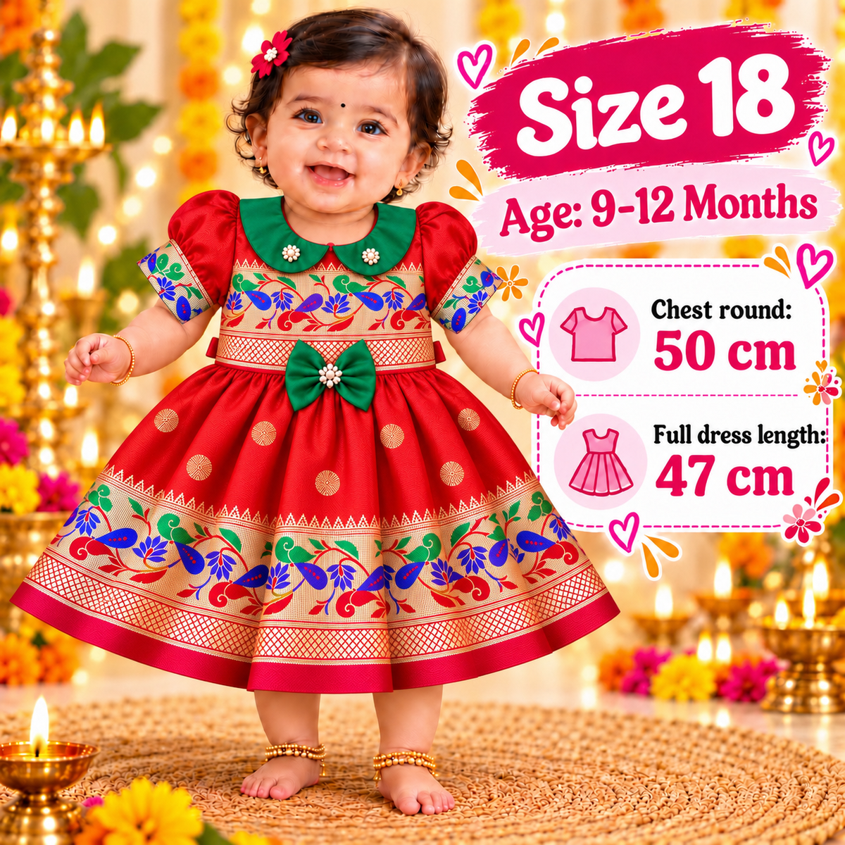 Girls Bright Red Festive Peacock Frock with Green Bow | Baby Girls Indian Ethnic Party Dress