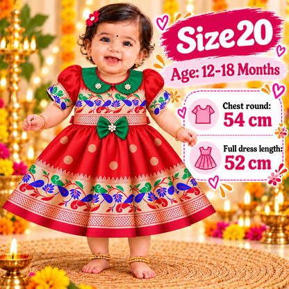 Girls Bright Red Festive Peacock Frock with Green Bow | Baby Girls Indian Ethnic Party Dress