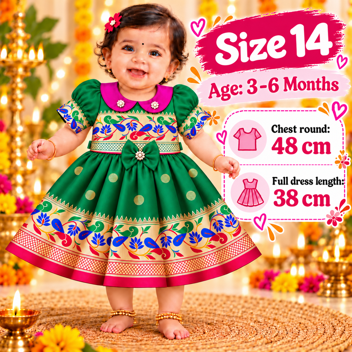 Girls Emerald Green Floral Peacock Border Frock with Pink Collar | Baby Girls Ethnic Festive Dress