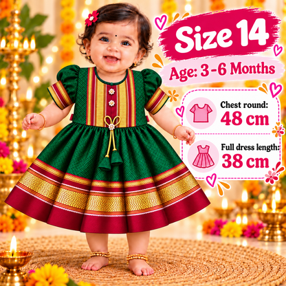 Girls Bottle Green Royal Paithani Frock with Golden Border & Tassels | Baby Girls Festive Wear