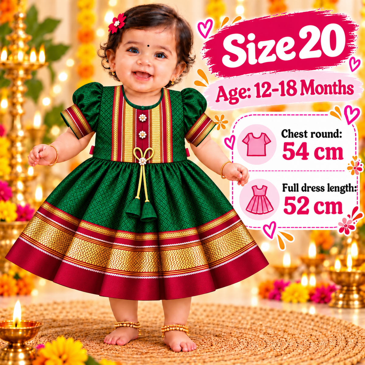 Girls Bottle Green Royal Paithani Frock with Golden Border & Tassels | Baby Girls Festive Wear