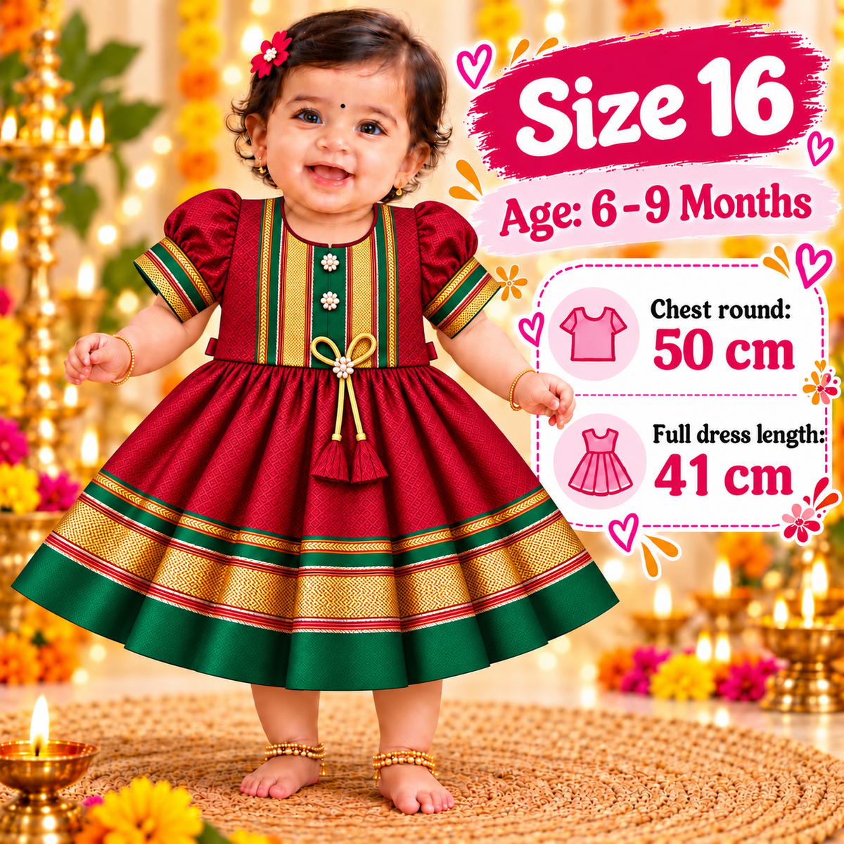 Girls Maroon Royal Paithani Frock with Golden Zari-Style Border | Traditional Indian Wedding & Festive Dress