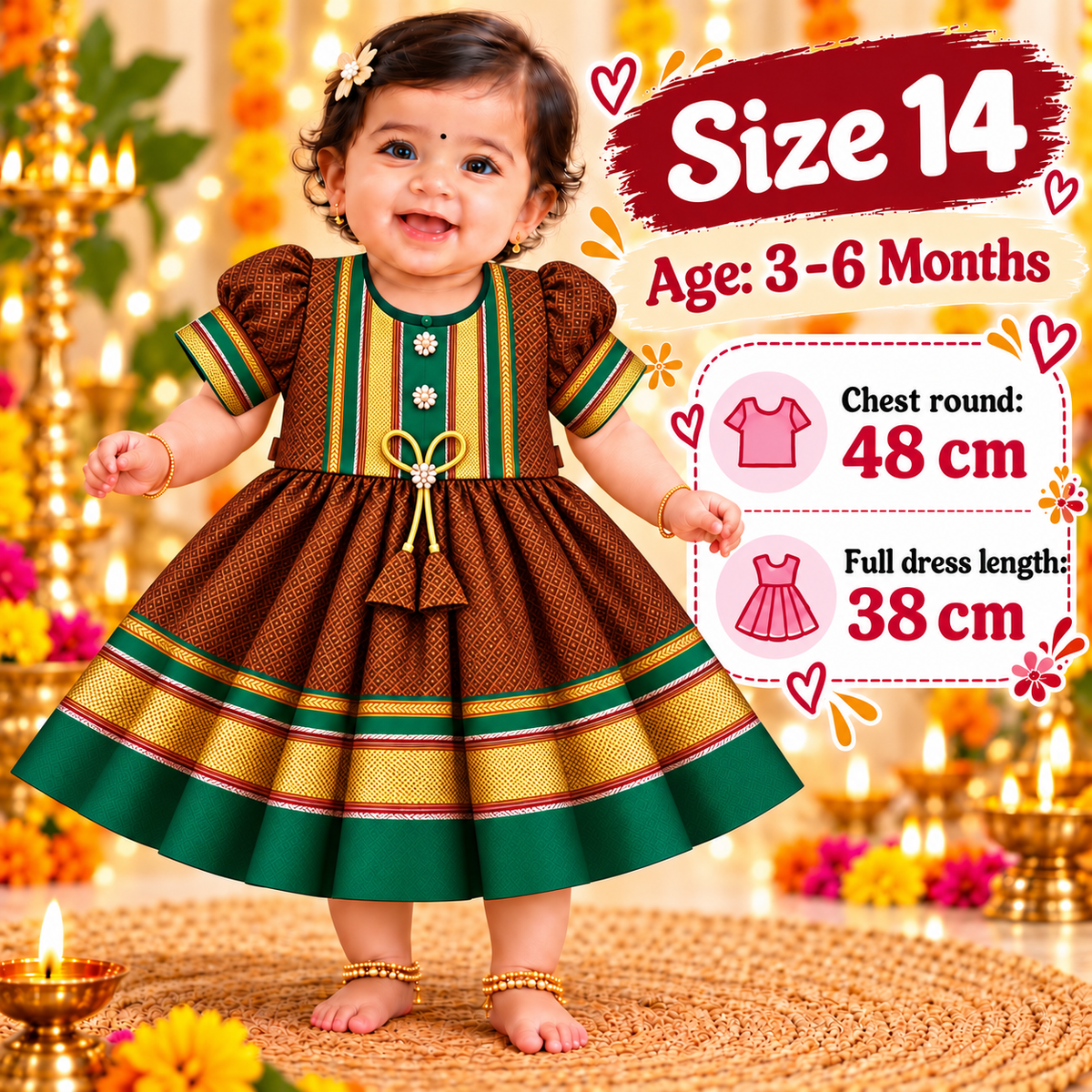 Girls Copper Brown Designer Paithani Frock with Golden Border | Baby Girls Traditional Party Wear