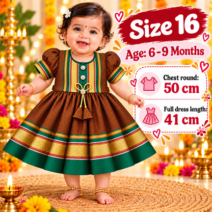 Girls Copper Brown Designer Paithani Frock with Golden Border | Baby Girls Traditional Party Wear