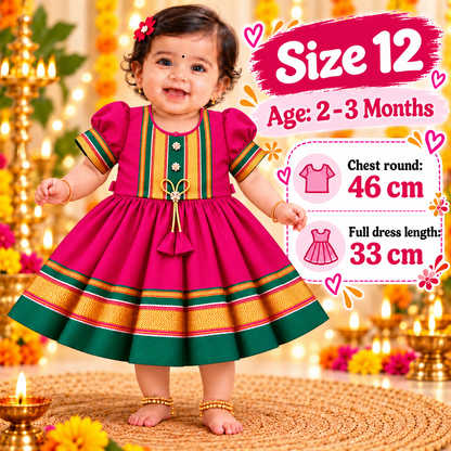 Girls Rani Pink Royal Paithani Frock with Golden Border & Tassel Design | Baby Girls Ethnic Festive Dress