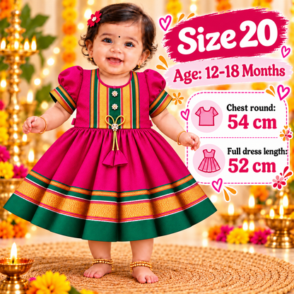 Girls Rani Pink Royal Paithani Frock with Golden Border & Tassel Design | Baby Girls Ethnic Festive Dress