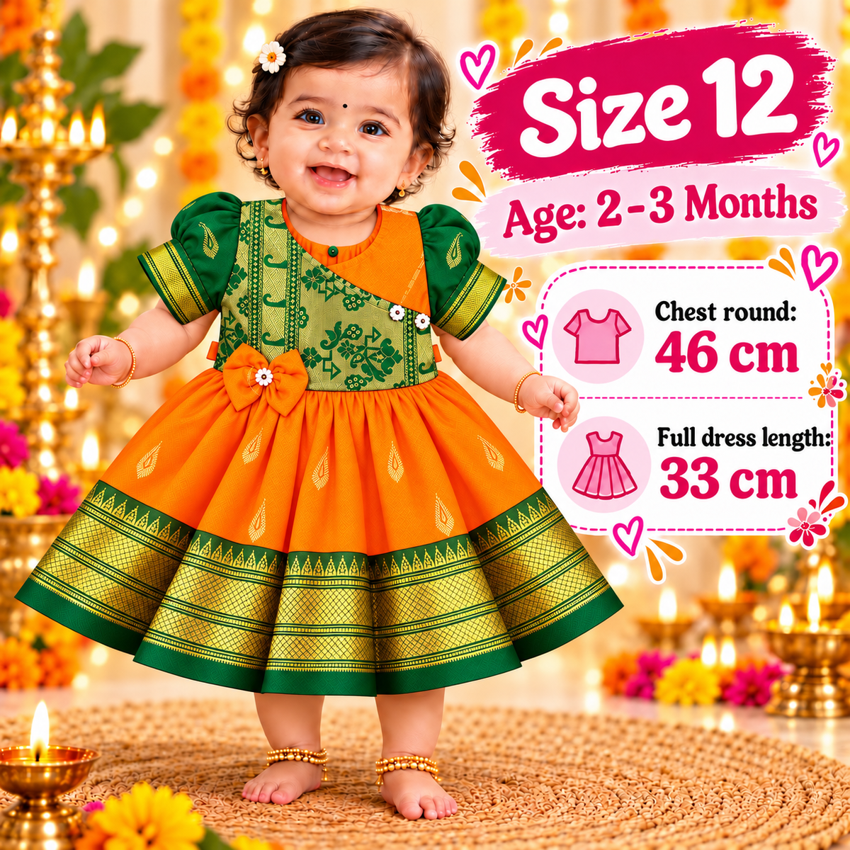 Girls Orange & Green Designer Paithani Frock with Golden Border | Baby Girls Festive & Wedding Wear