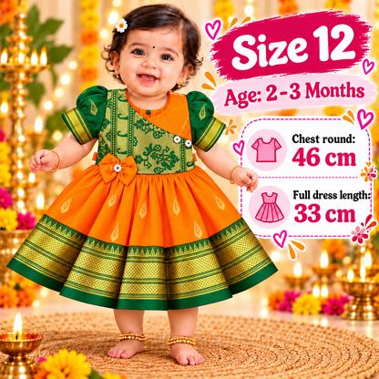 Girls Orange & Green Designer Paithani Frock with Golden Border | Baby Girls Festive & Wedding Wear