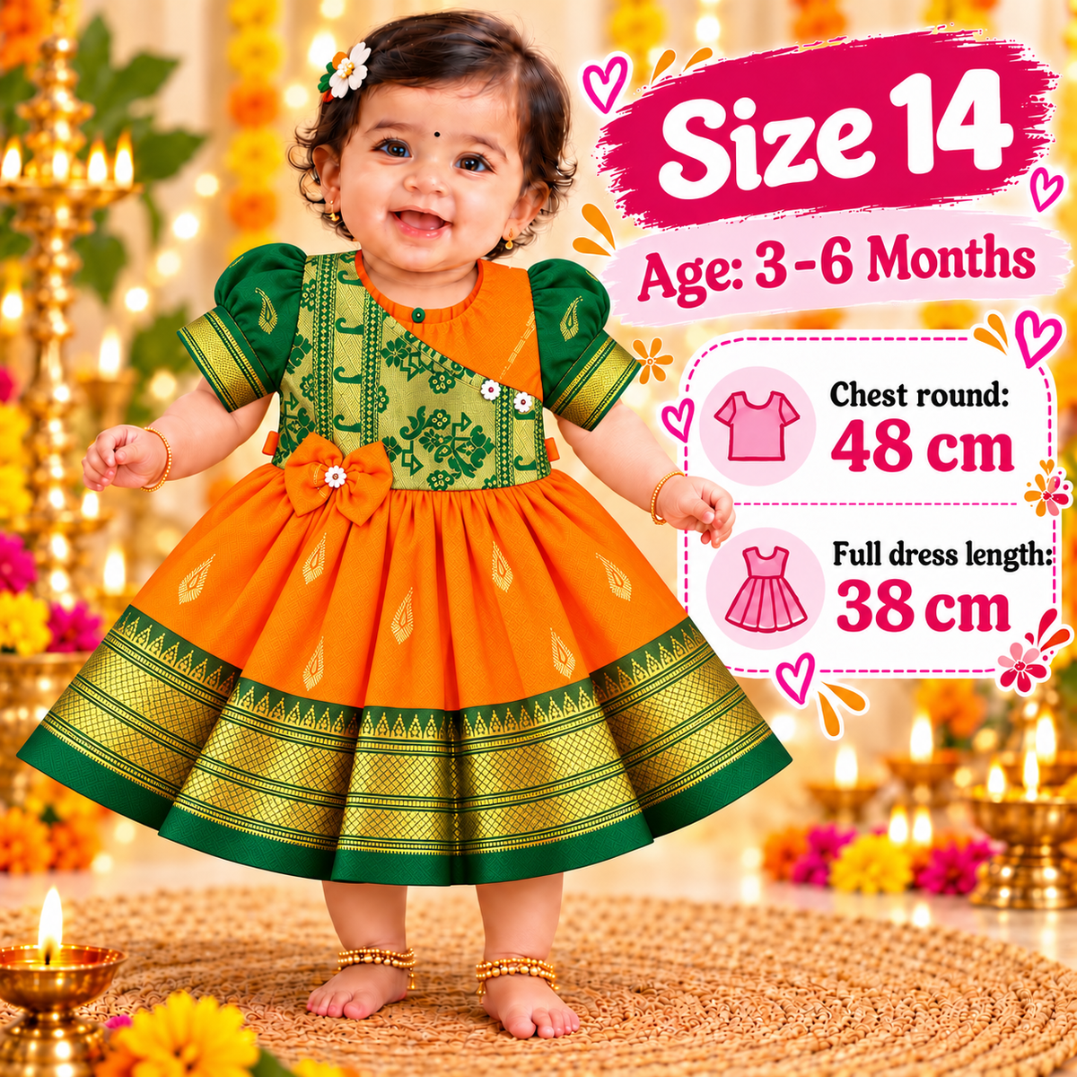 Girls Orange & Green Designer Paithani Frock with Golden Border | Baby Girls Festive & Wedding Wear