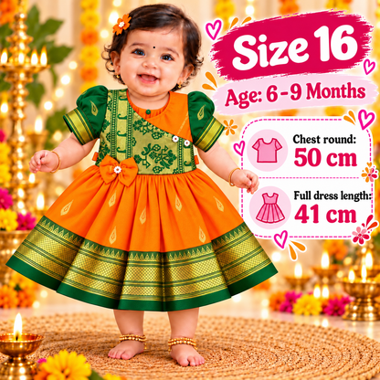 Girls Orange & Green Designer Paithani Frock with Golden Border | Baby Girls Festive & Wedding Wear