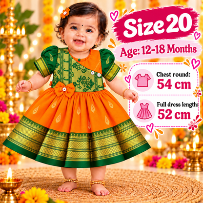 Girls Orange & Green Designer Paithani Frock with Golden Border | Baby Girls Festive & Wedding Wear