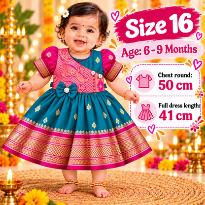 Girls Peacock Green & Pink Luxury Paithani Frock with Floral Design | Baby Girls Wedding & Party Wear