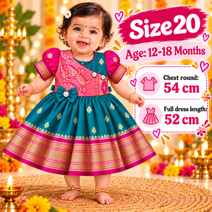 Girls Peacock Green & Pink Luxury Paithani Frock with Floral Design | Baby Girls Wedding & Party Wear