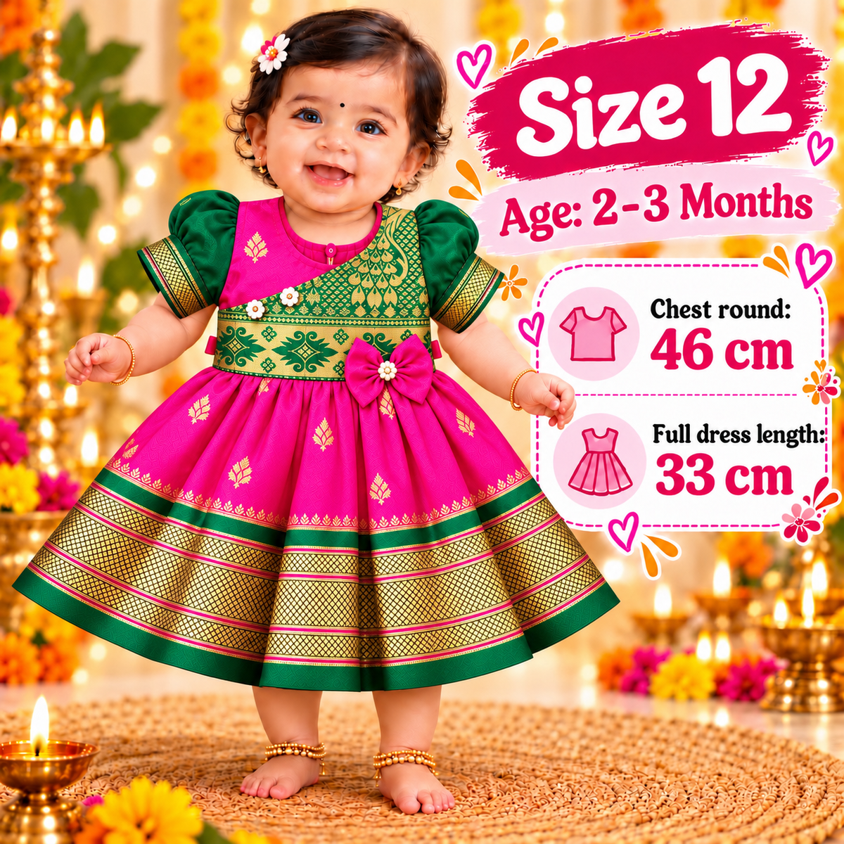 Girls Rani Pink & Green Royal Brocade Paithani Frock | Golden Border Ethnic Party Dress