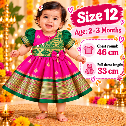 Girls Rani Pink & Green Royal Brocade Paithani Frock | Golden Border Ethnic Party Dress