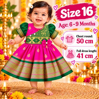 Girls Rani Pink & Green Royal Brocade Paithani Frock | Golden Border Ethnic Party Dress