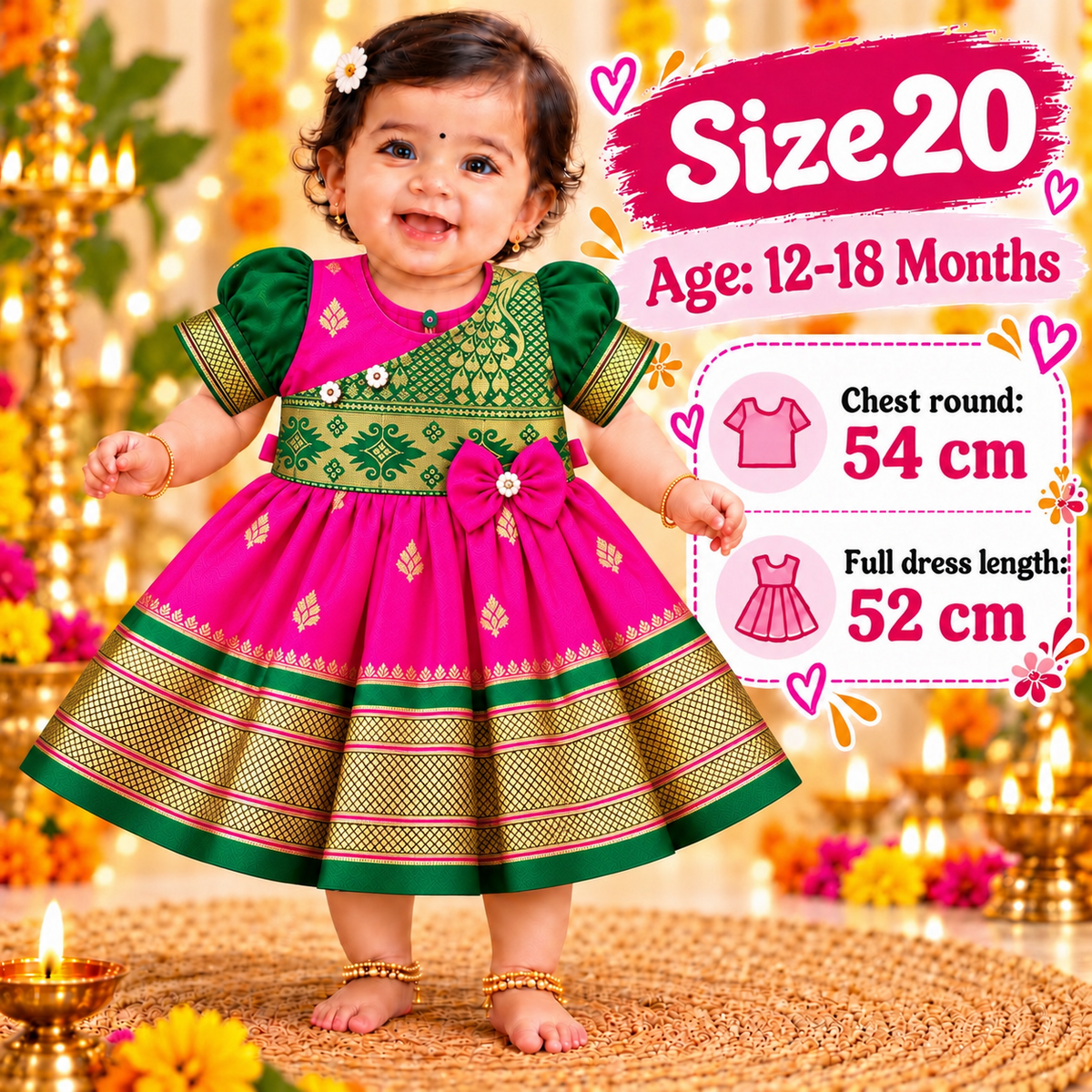 Girls Rani Pink & Green Royal Brocade Paithani Frock | Golden Border Ethnic Party Dress