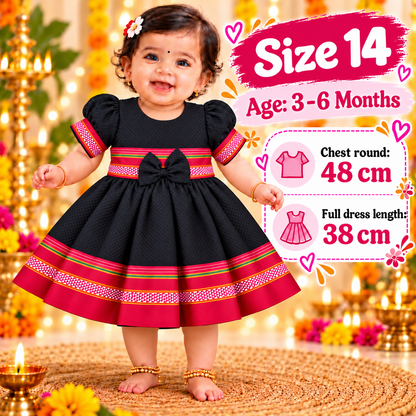 Girls Black Designer Ethnic Frock with Red Traditional Border & Bow | Baby Girls Diwali & Party Wear