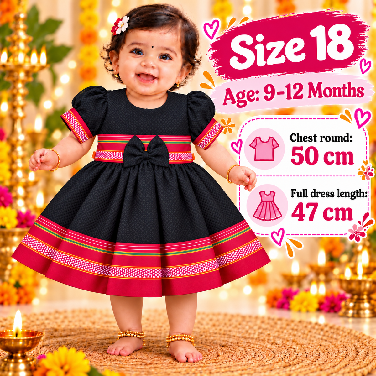 Girls Black Designer Ethnic Frock with Red Traditional Border & Bow | Baby Girls Diwali & Party Wear