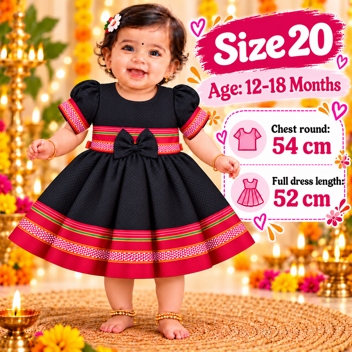 Girls Black Designer Ethnic Frock with Red Traditional Border & Bow | Baby Girls Diwali & Party Wear