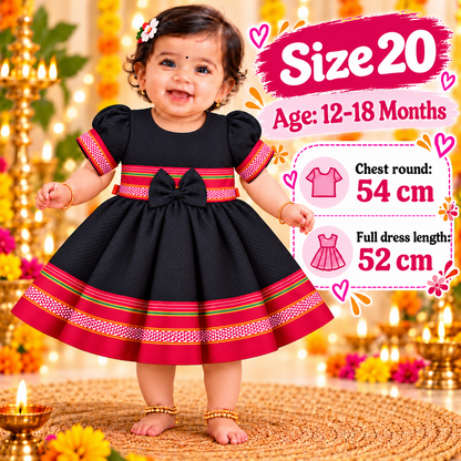 Girls Black Designer Ethnic Frock with Red Traditional Border & Bow | Baby Girls Diwali & Party Wear