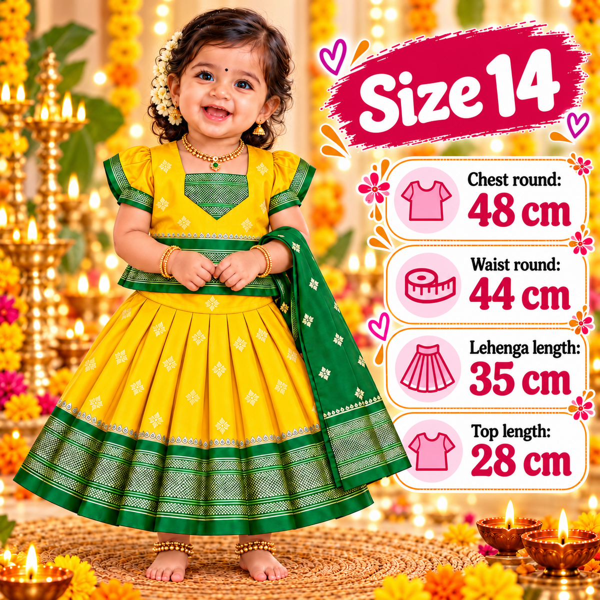 Girls Sunshine Yellow Pattu Pavadai Set with Green Dupatta | Premium Traditional Indian Ethnic Wear