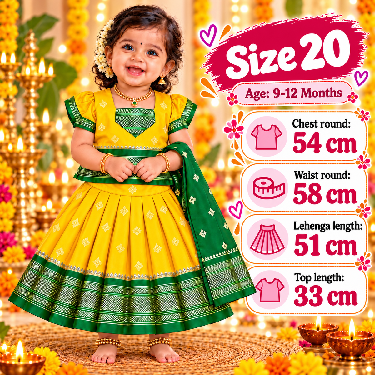 Girls Sunshine Yellow Pattu Pavadai Set with Green Dupatta | Premium Traditional Indian Ethnic Wear