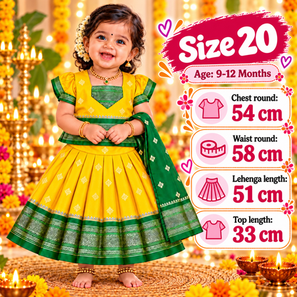 Girls Sunshine Yellow Pattu Pavadai Set with Green Dupatta | Premium Traditional Indian Ethnic Wear