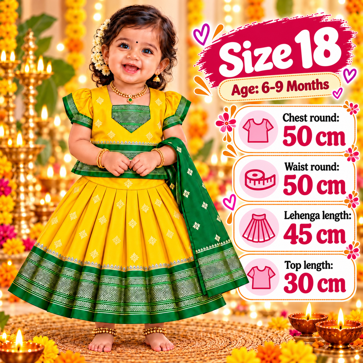 Girls Sunshine Yellow Pattu Pavadai Set with Green Dupatta | Premium Traditional Indian Ethnic Wear