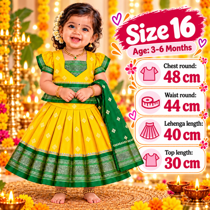 Girls Sunshine Yellow Pattu Pavadai Set with Green Dupatta | Premium Traditional Indian Ethnic Wear