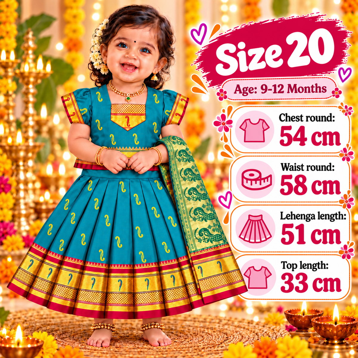 Girls Peacock Blue Designer Pattu Pavadai with Golden Border & Dupatta | Traditional Indian Wedding & Party Wear