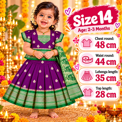 Girls Royal Purple Pattu Pavadai Lehenga Set with Green Dupatta | Premium Baby Girls Festive & Wedding Wear