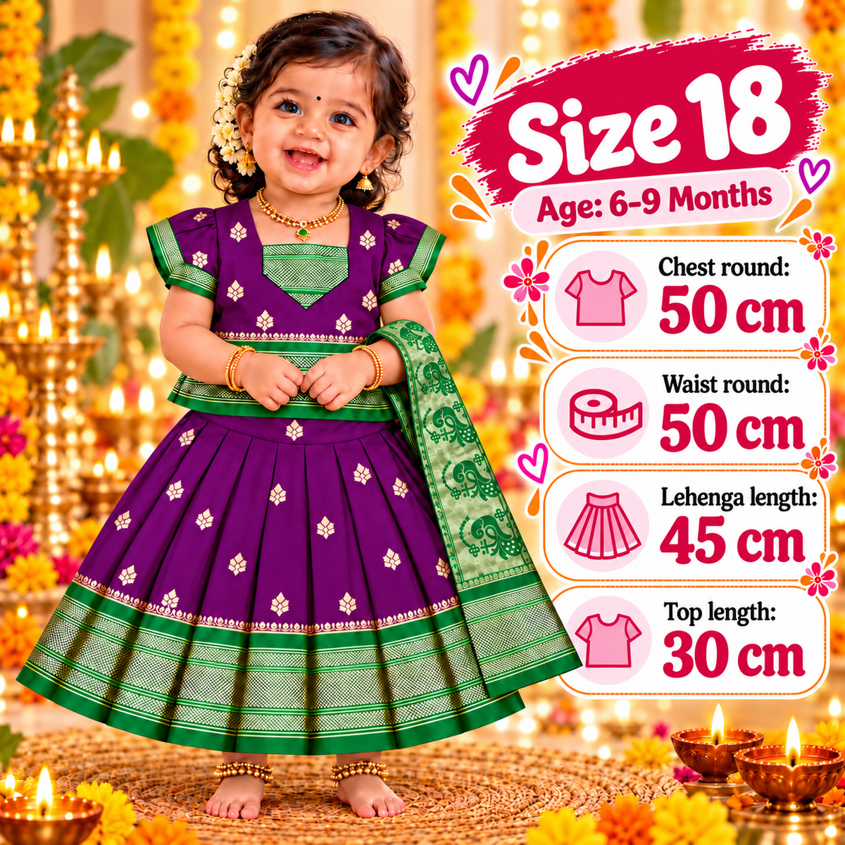 Girls Royal Purple Pattu Pavadai Lehenga Set with Green Dupatta | Premium Baby Girls Festive & Wedding Wear