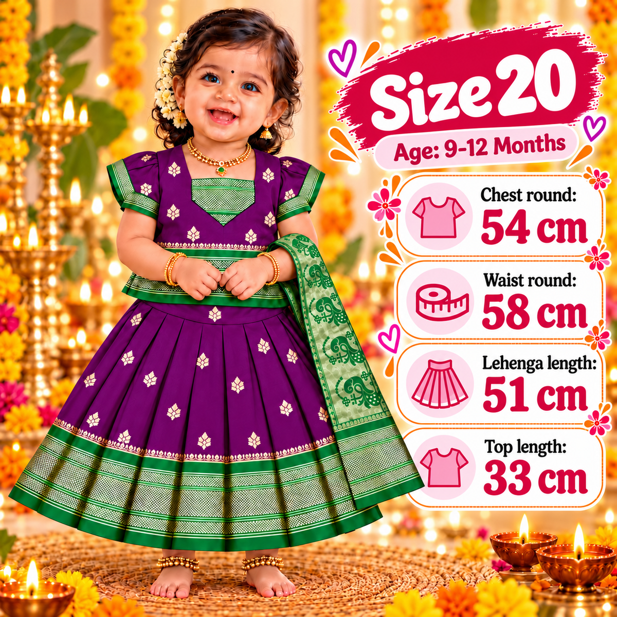 Girls Royal Purple Pattu Pavadai Lehenga Set with Green Dupatta | Premium Baby Girls Festive & Wedding Wear