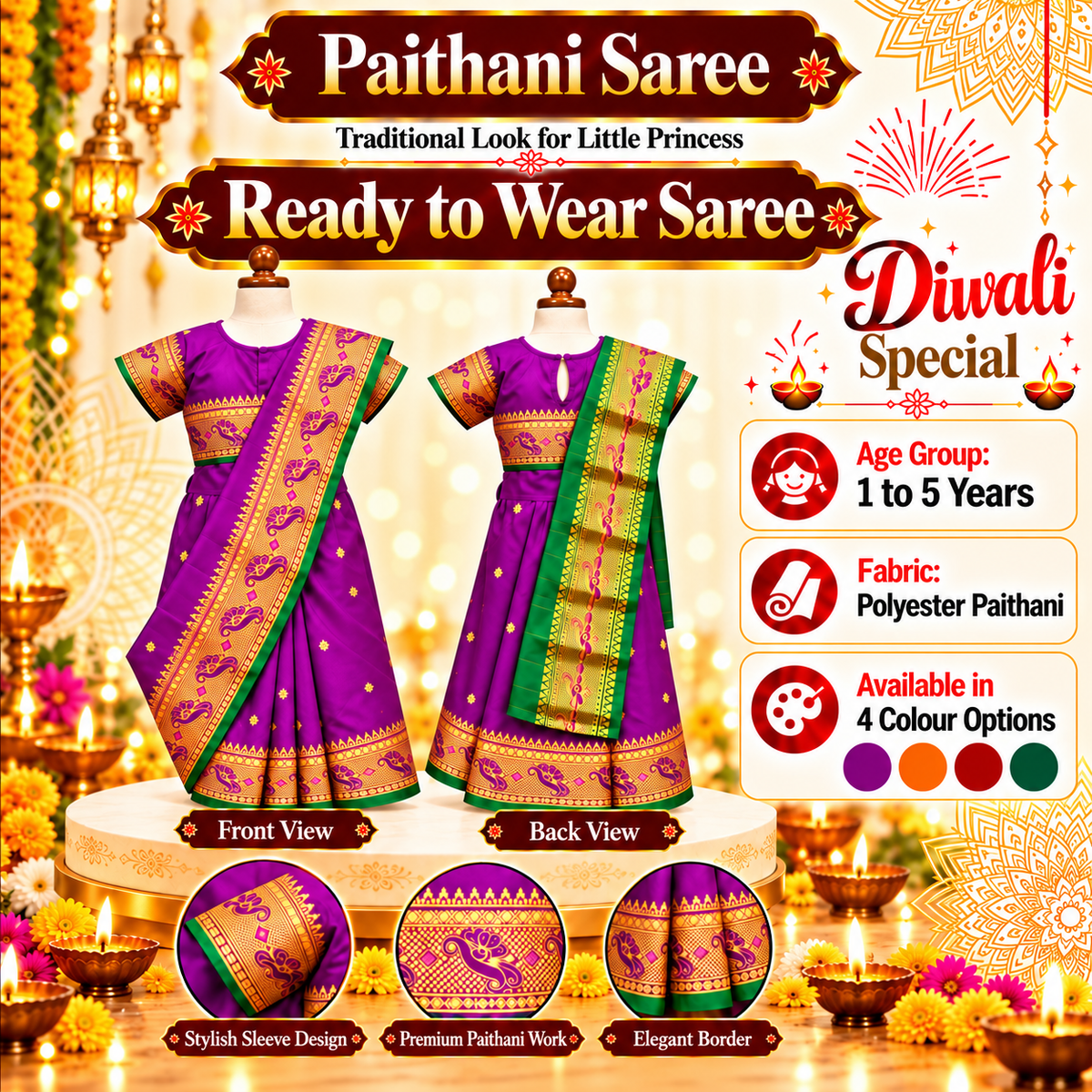Girls Royal Purple Paithani Saree Dress with Golden Designer Pallu | Kids Premium Indian Ethnic Wedding Wear