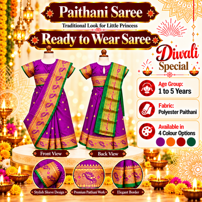 Girls Royal Purple Paithani Saree Dress with Golden Designer Pallu | Kids Premium Indian Ethnic Wedding Wear